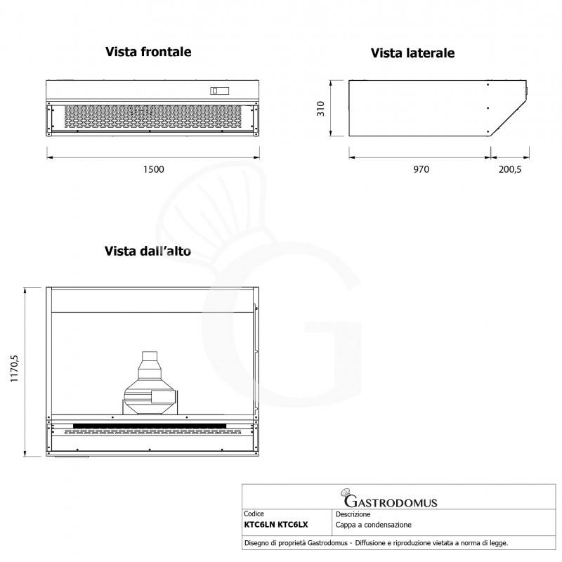 Cappa a condensazione inox dimensioni L1500 mm x P 1170,5 mm x H 310 mm
