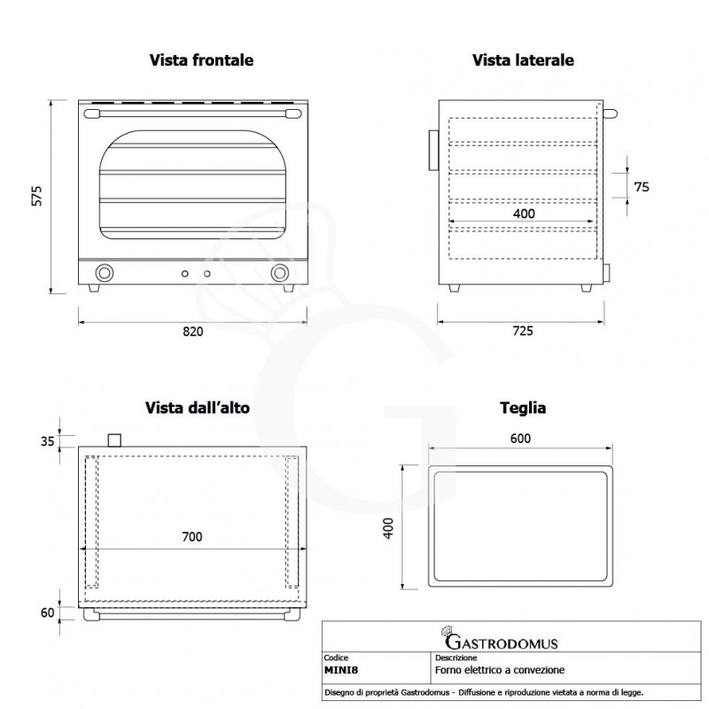 Forno elettrico a convezione e vapore, porta ribalta, comandi meccanici, 4 teglie 600x400 mm, potenza 6,4 kw