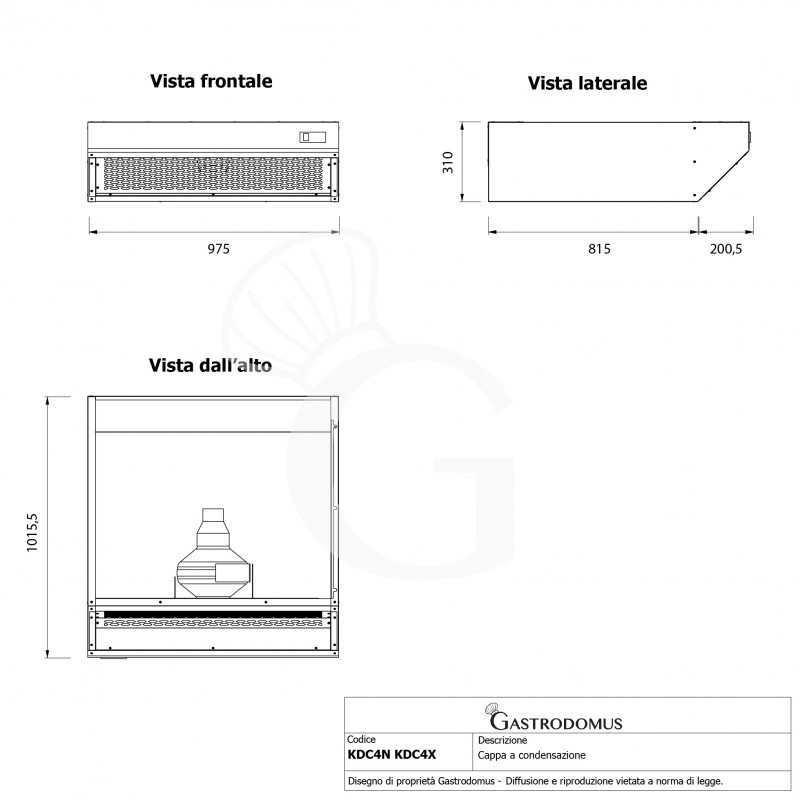 Cappa a condensazione color nero dimensioni L 975 mm x P 1015,5 mm x H 310 mm