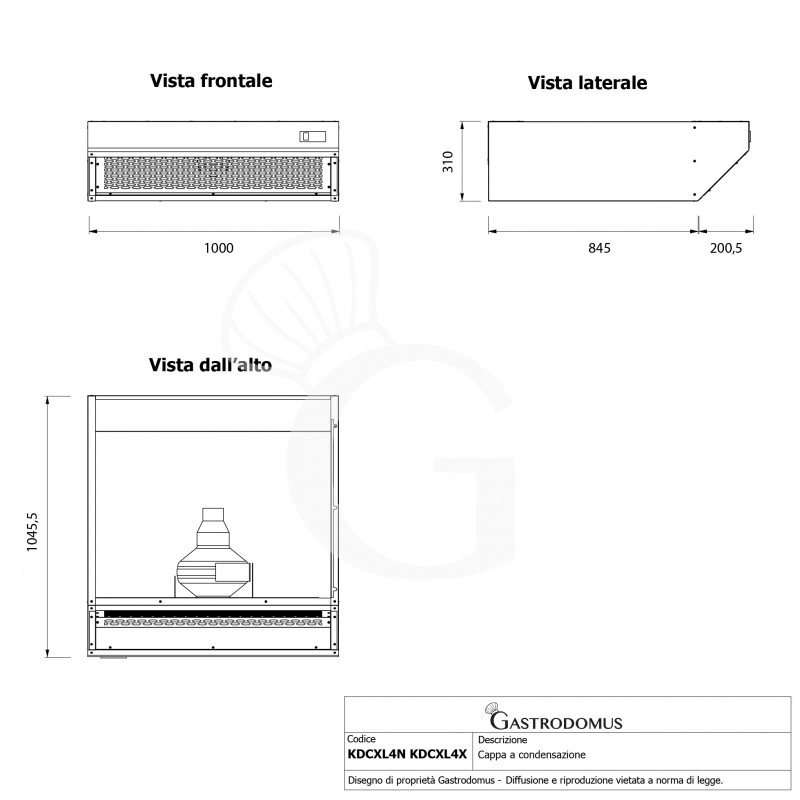 Cappa a condensazione inox dimensioni L1000 mm x P 1045,5 mm x H 310 mm