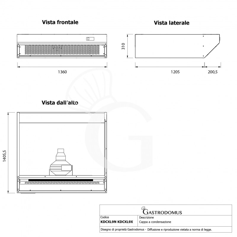 Cappa a condensazione color nero dimensioni L1360 mm x P 1405,5 mm x H 310 mm