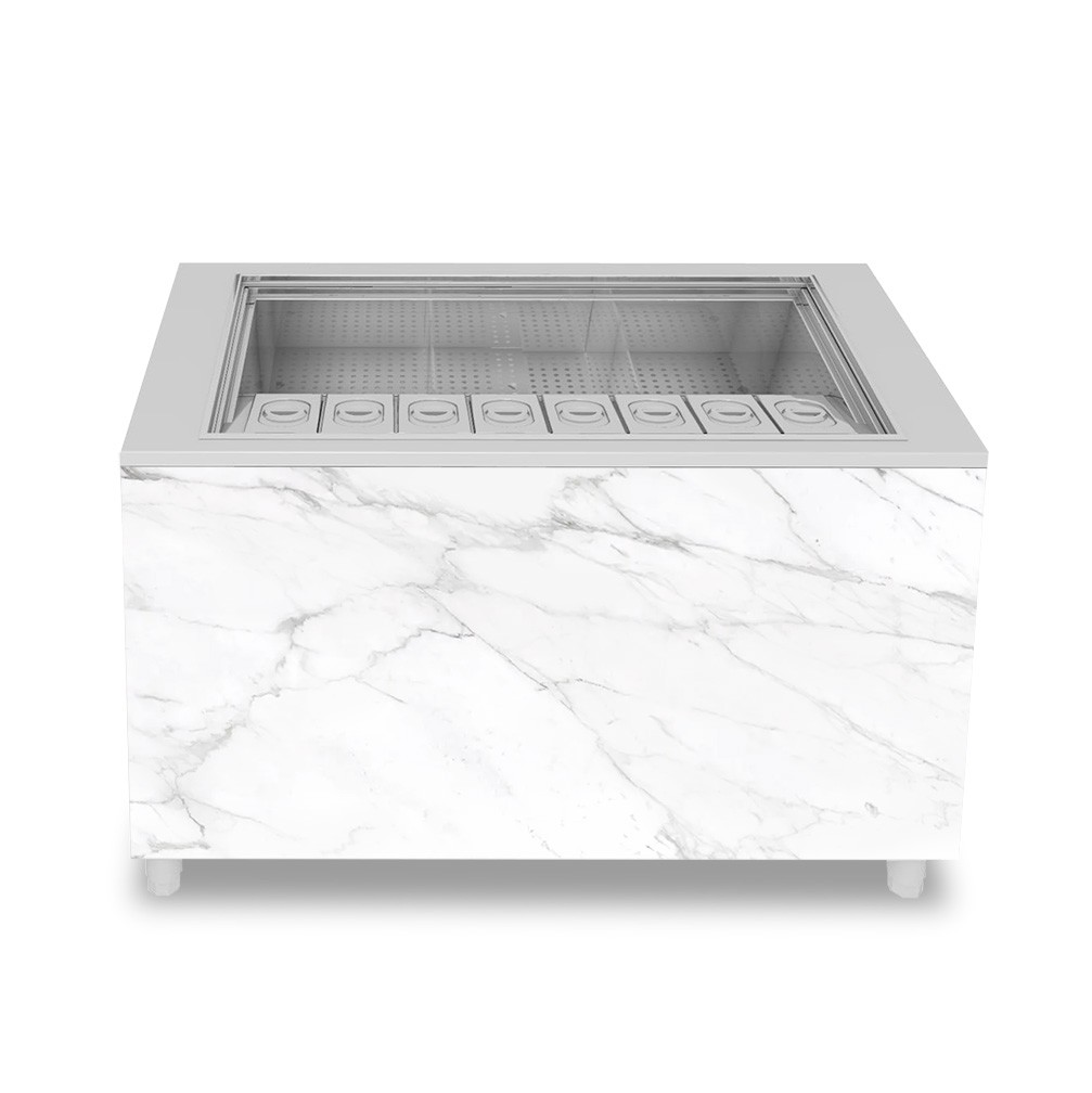 Banco cocktail su ruote con frontale in nobilitato calacatta L 1250 x P 682 x H 950 mm