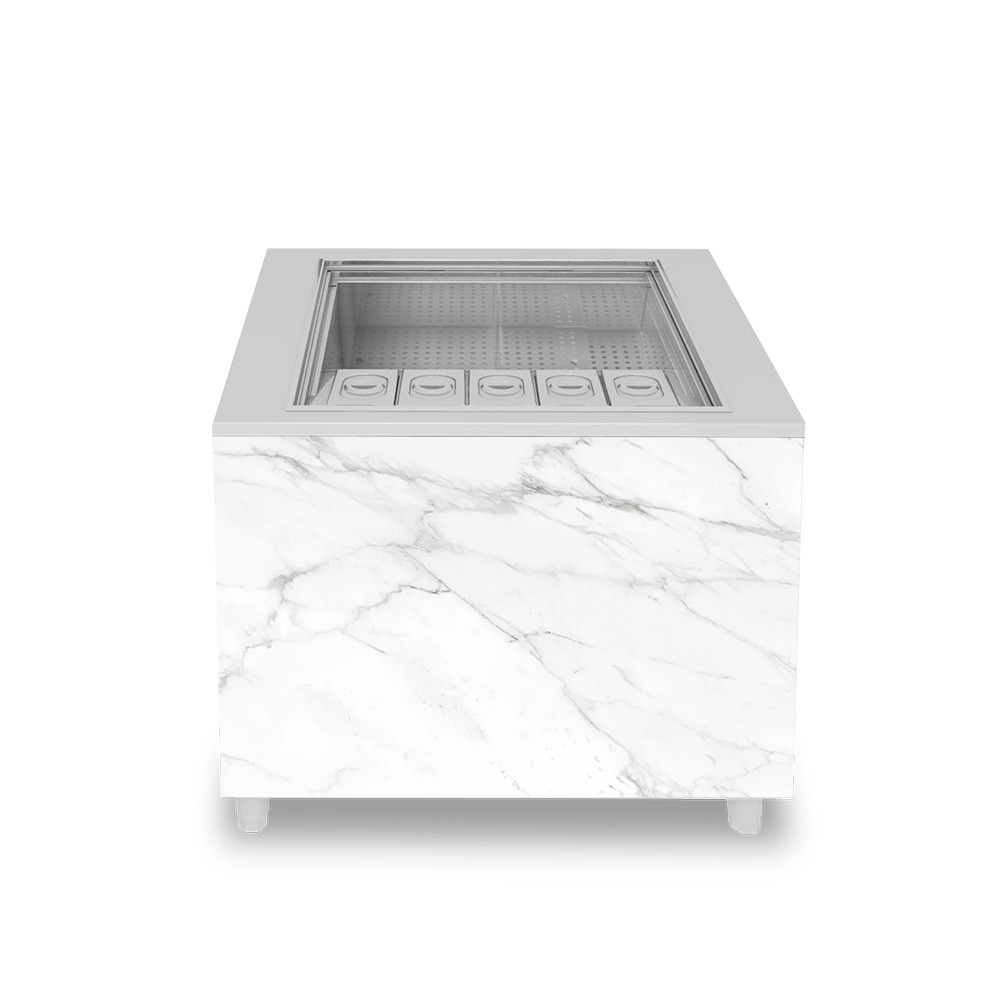 Banco cocktail su ruote con frontale in nobilitato calacatta L 1000 x P 682 x H 950 mm