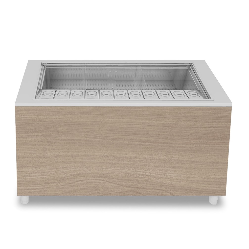 Banco cocktail su ruote con frontale in nobilitato legno L 1500 x P 682 x H 950 mm