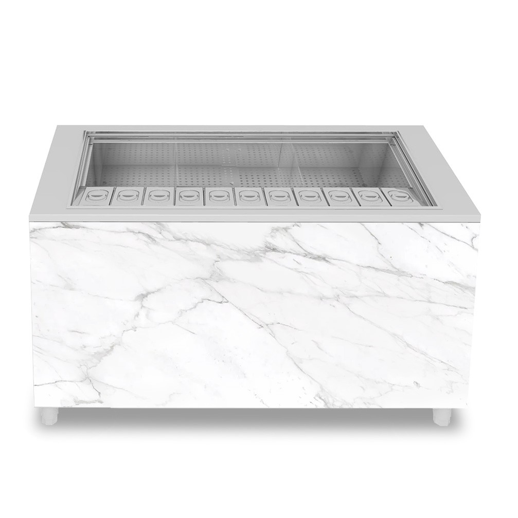 Banco cocktail su ruote con frontale in nobilitato calacatta L 1500 x P 682 x H 950 mm