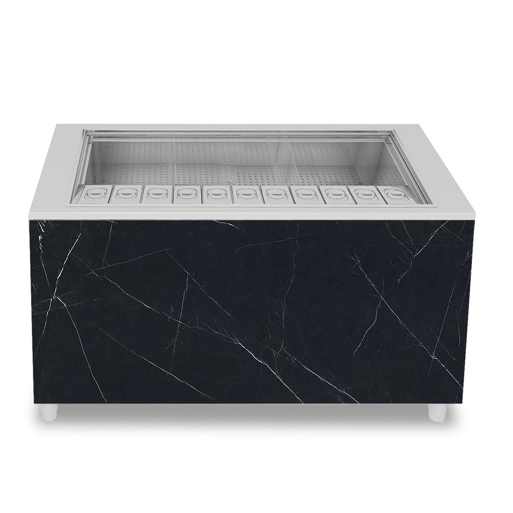 Banco cocktail su ruote con frontale in nobilitato nero marquina L 1500 x P 682 x H 950 mm