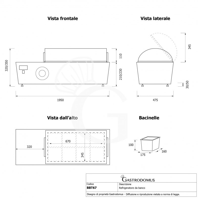 Refrigeratore da banco +2/+12°C - L 1950 mm x P 475 mm x H 320/350 mm, completo di 8 bacinelle