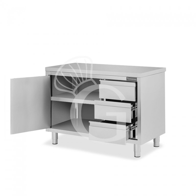 Tavolo armadiato, 1 porta battente, 3 cassetti sul lato destro, L 1000 mm x P 700 mm x H 850 mm