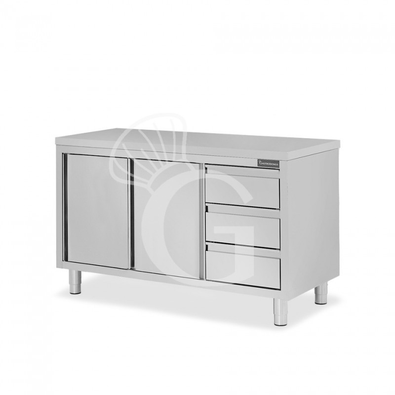 Tavolo armadiato, 2 porte scorrevoli, 3 cassetti sul lato destro, L 1500 mm x P 700 mm x H 850 mm