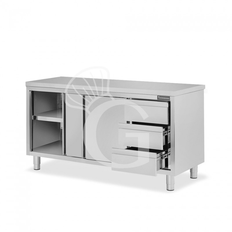 Tavolo armadiato, 2 porte scorrevoli, 3 cassetti sul lato destro, L 1700 mm x P 700 mm x H 850 mm
