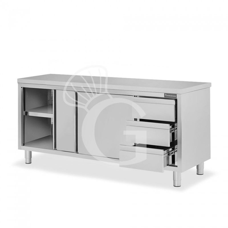 Tavolo armadiato, 2 porte scorrevoli, 3 cassetti sul lato destro, L 2000 mm x P 700 mm x H 850 mm
