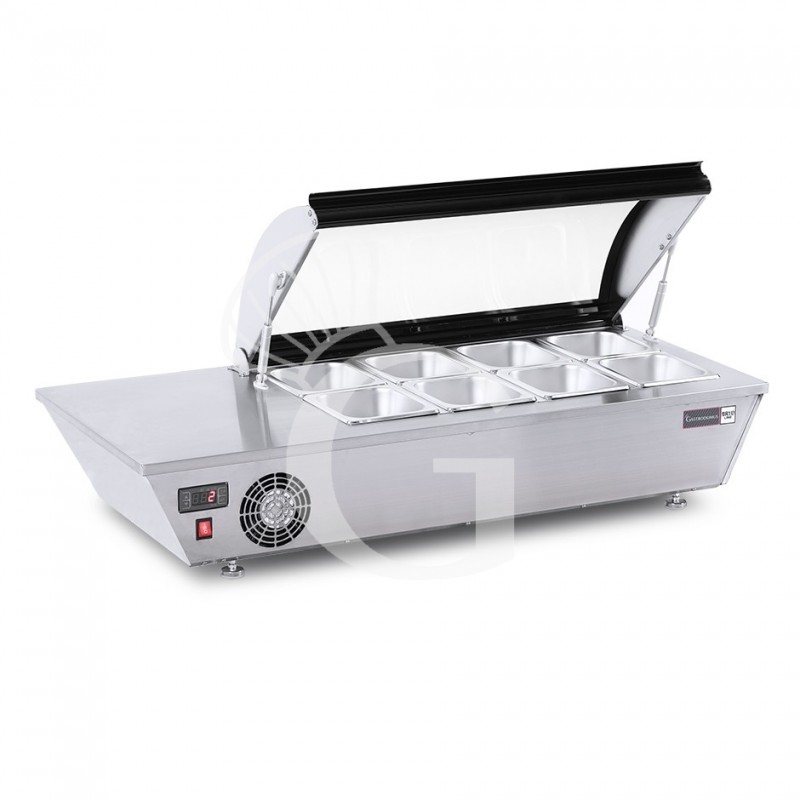 Refrigeratore da banco +2/+12°C - L 1950 mm x P 475 mm x H 320/350 mm, completo di 8 bacinelle