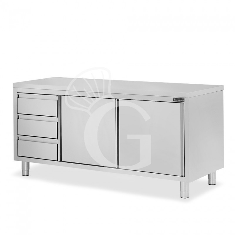 Tavolo armadiato, 2 porte scorrevoli, 3 cassetti sul lato sinistro, L 2100 mm x P 700 mm x H 850 mm