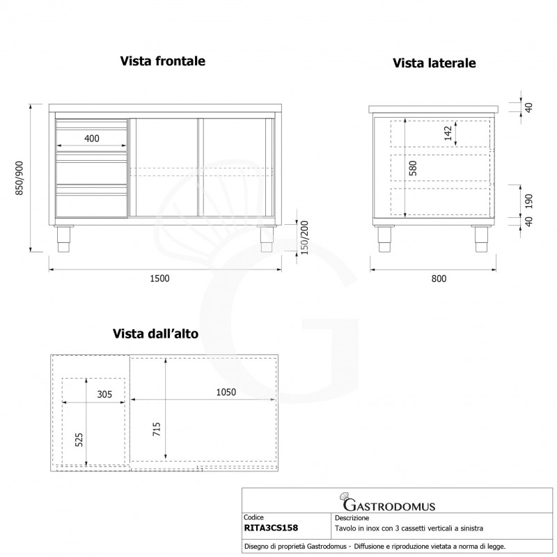 Tavolo armadiato, 2 porte scorrevoli, 3 cassetti sul lato destro, L 1500 mm x P 800 mm x H 850 mm