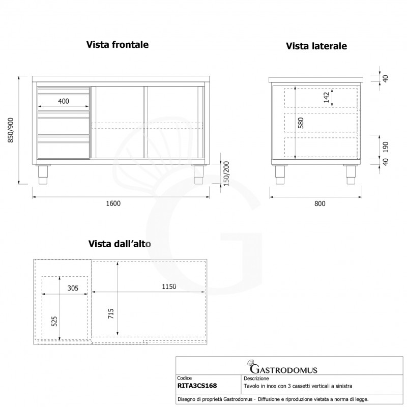 Tavolo armadiato, 2 porte scorrevoli, 3 cassetti sul lato sinistro, L 1600 mm x P 800 mm x H 850 mm