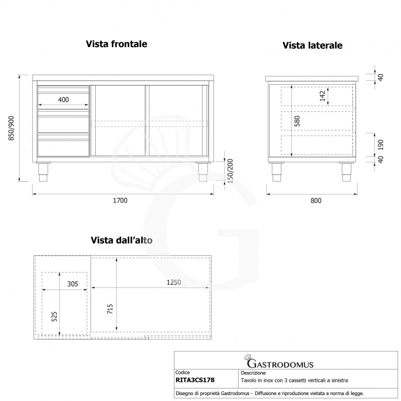 Tavolo armadiato, 2 porte scorrevoli, 3 cassetti sul lato sinistro, L 1700 mm x P 800 mm x H 850 mm