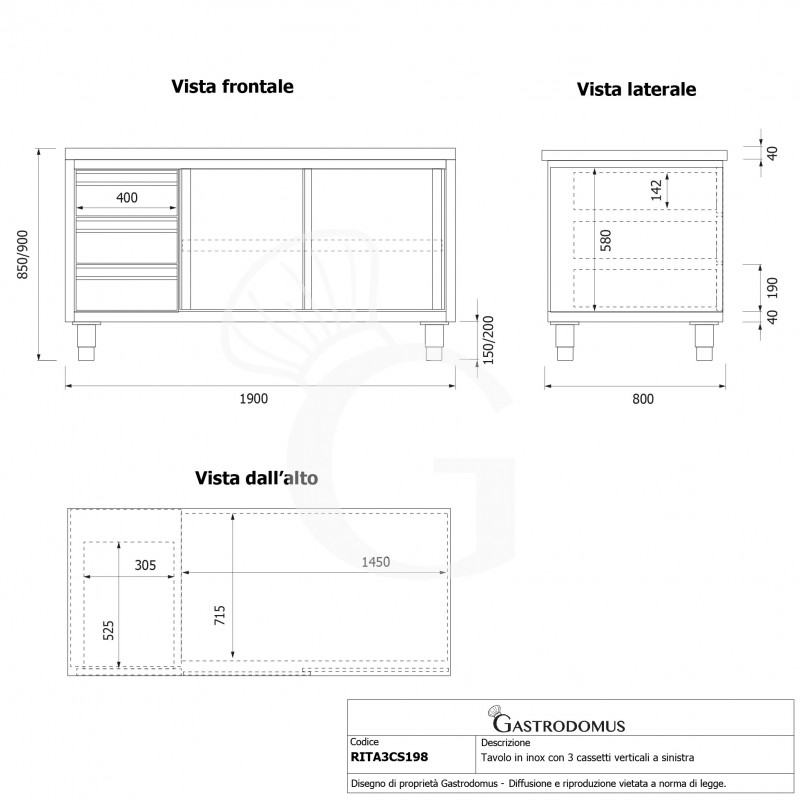 Tavolo armadiato, 2 porte scorrevoli, 3 cassetti sul lato sinistro, L 1900 mm x P 800 mm x H 850 mm