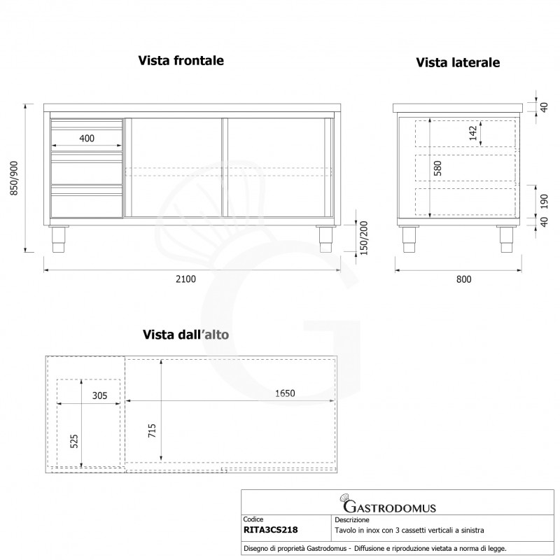 Tavolo armadiato, 2 porte scorrevoli, 3 cassetti sul lato sinistro, L 2100 mm x P 800 mm x H 850 mm