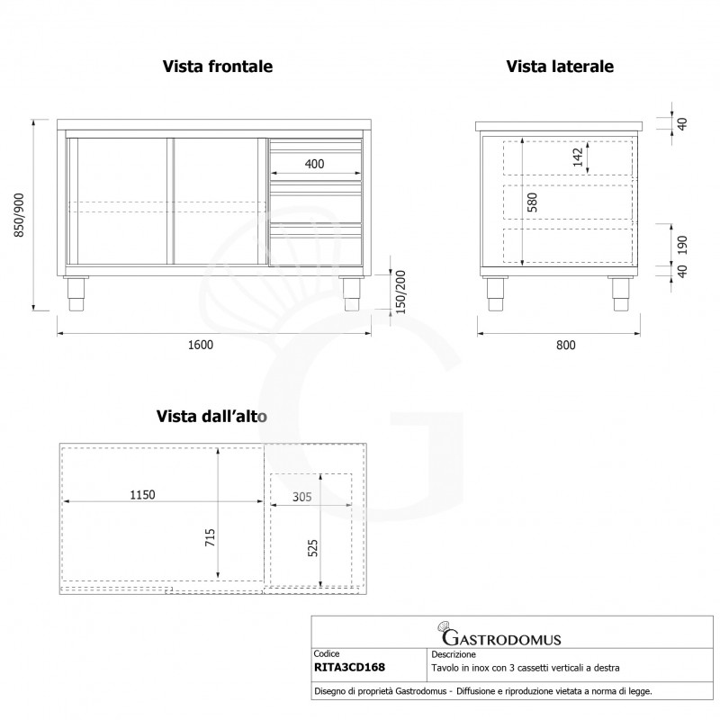 Tavolo armadiato, 2 porte scorrevoli, 3 cassetti sul lato destro, L 1600 mm x P 800 mm x H 850 mm