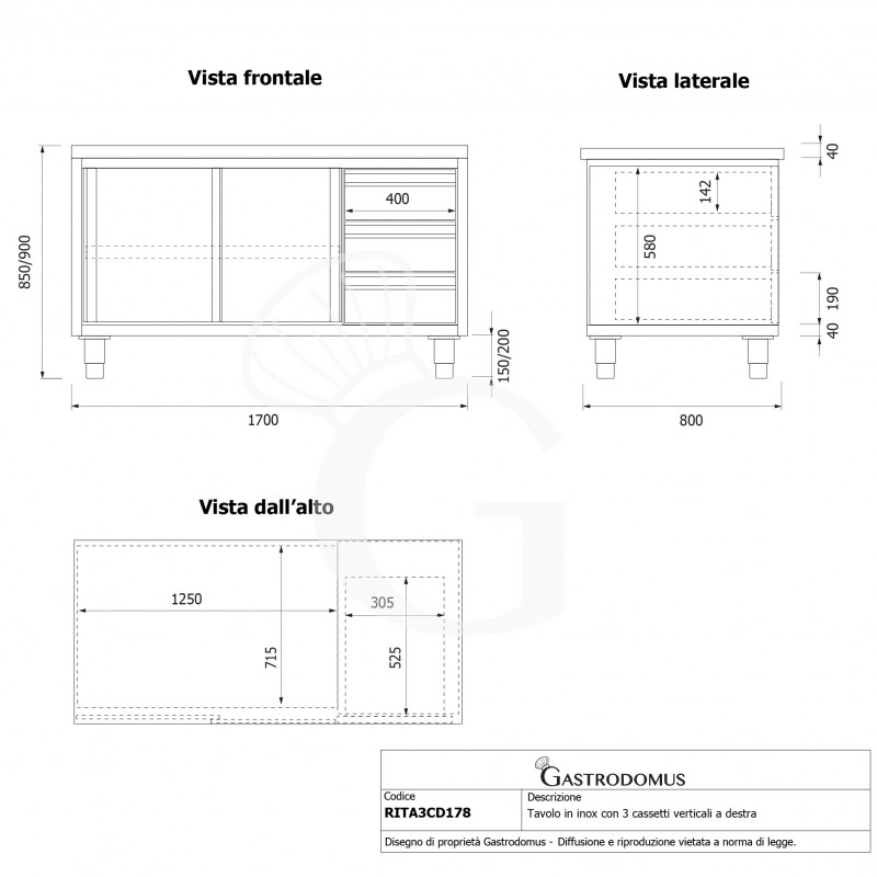 Tavolo armadiato, 2 porte scorrevoli, 3 cassetti sul lato destro, L 1700 mm x P 800 mm x H 850 mm