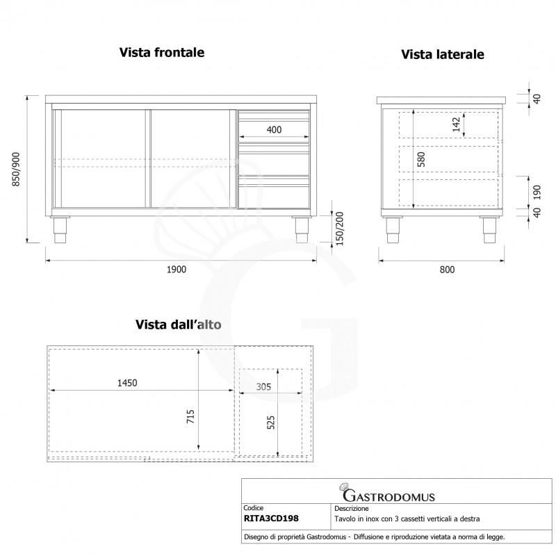 Tavolo armadiato, 2 porte scorrevoli, 3 cassetti sul lato destro, L 1900 mm x P 800 mm x H 850 mm