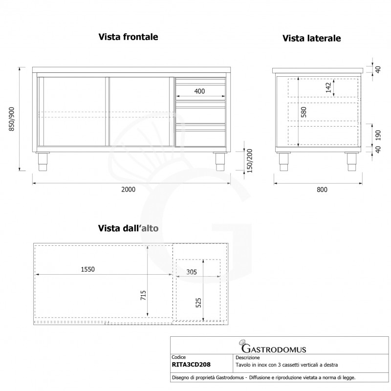 Tavolo armadiato, 2 porte scorrevoli, 3 cassetti sul lato destro, L 2000 mm x P 800 mm x H 850 mm