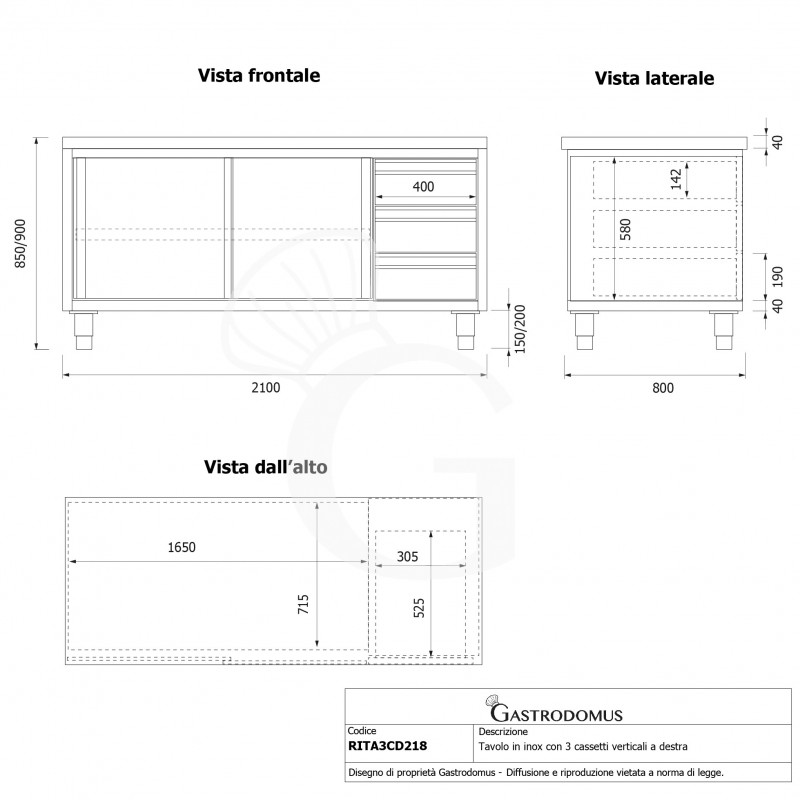 Tavolo armadiato, 2 porte scorrevoli, 3 cassetti sul lato destro, L 2100 mm x P 800 mm x H 850 mm