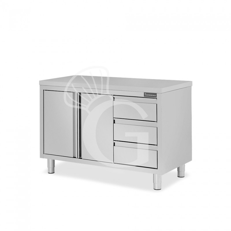 Tavolo armadiato, 2 porte battenti, 3 cassetti sul lato destro, L 1200 mm x P 700 mm x H 850 mm