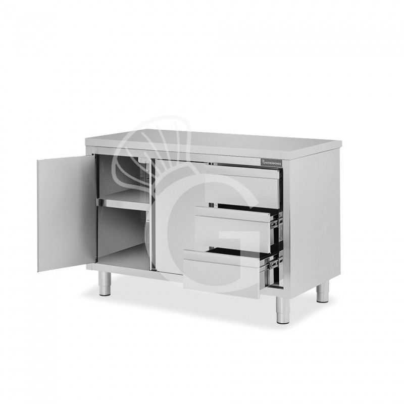 Tavolo armadiato, 2 porte battenti, 3 cassetti sul lato destro, L 1200 mm x P 700 mm x H 850 mm