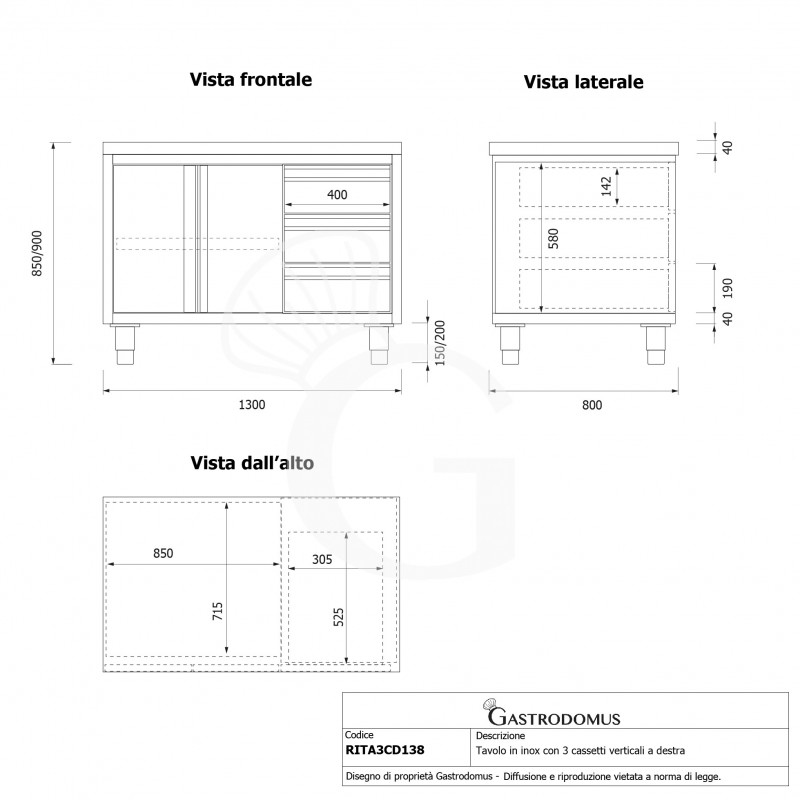 Tavolo armadiato, 2 porte battenti, 3 cassetti sul lato destro, L 1300 mm x P 800 mm x H 850 mm