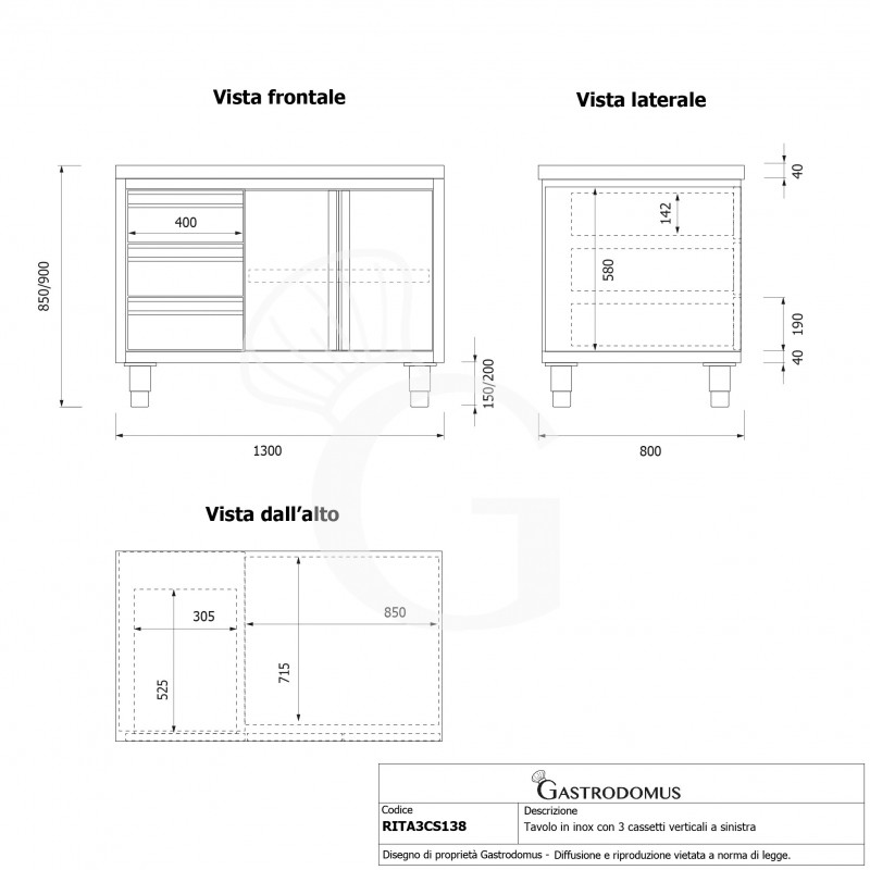 Tavolo armadiato, 2 porte battenti, 3 cassetti sul lato sinistro, L 1300 mm x P 800 mm x H 850 mm