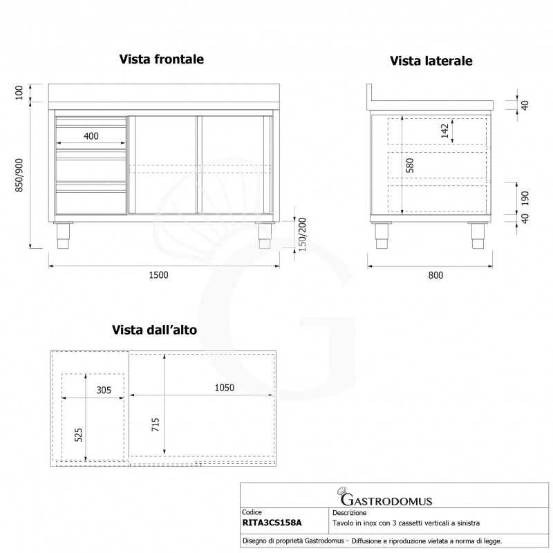 Tavolo armadiato,2 porte scorrevoli,3 cassetti a sinistra, alzatina, L1500 x P800 x H950mm