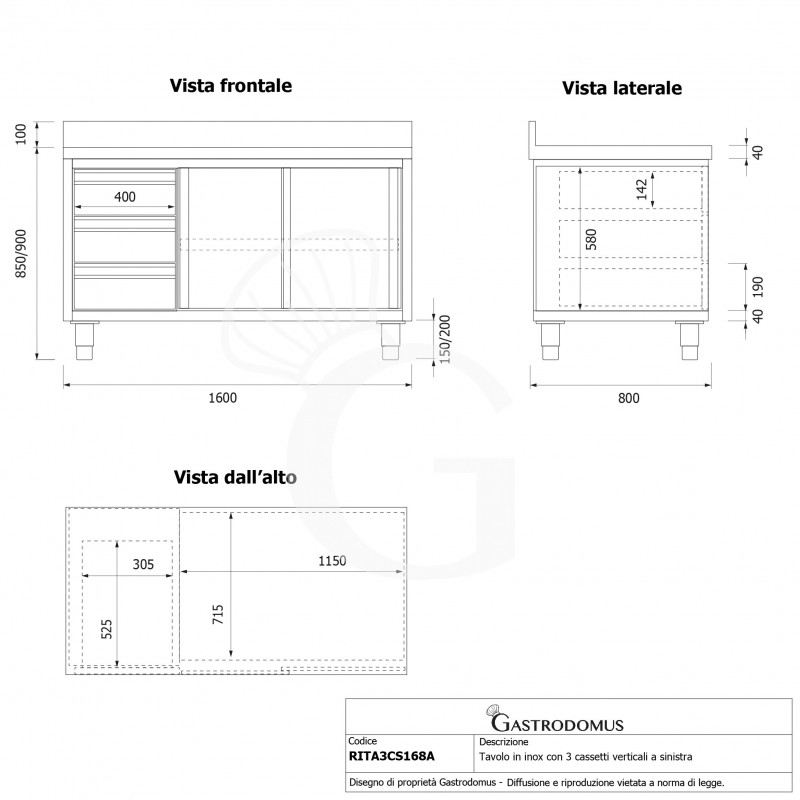 Tavolo armadiato,2 porte scorrevoli,3 cassetti a sinistra, alzatina, L1600 x P800 x H950mm