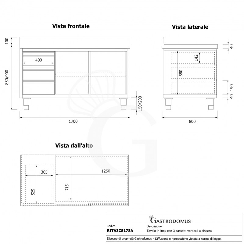 Tavolo armadiato,2 porte scorrevoli,3 cassetti a sinistra, alzatina, L1700 x P800 x H950mm