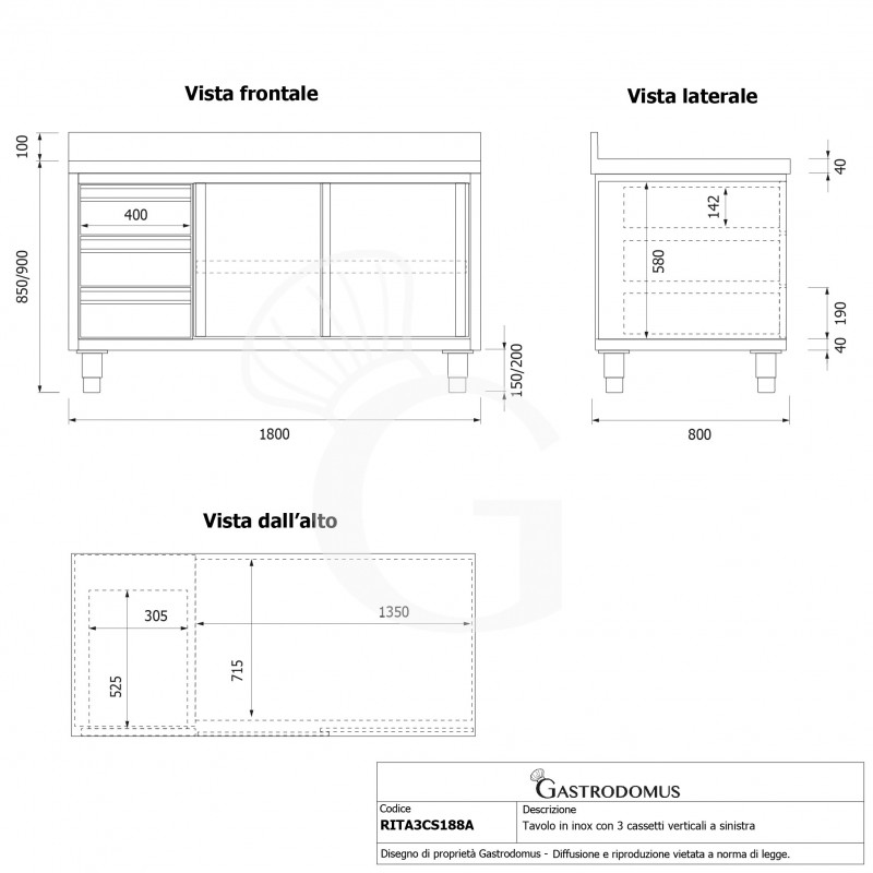 Tavolo armadiato,2 porte scorrevoli,3 cassetti a sinistra, alzatina, L1800 x P800 x H950mm