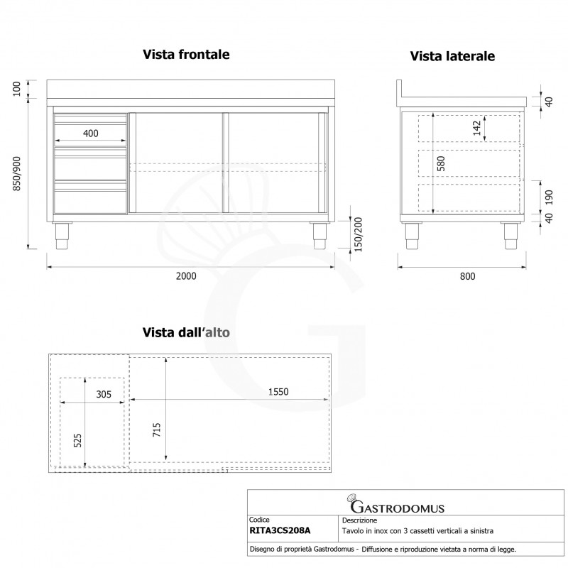 Tavolo armadiato,2 porte scorrevoli,3 cassetti a sinistra, alzatina, L2000 x P800 x H950mm
