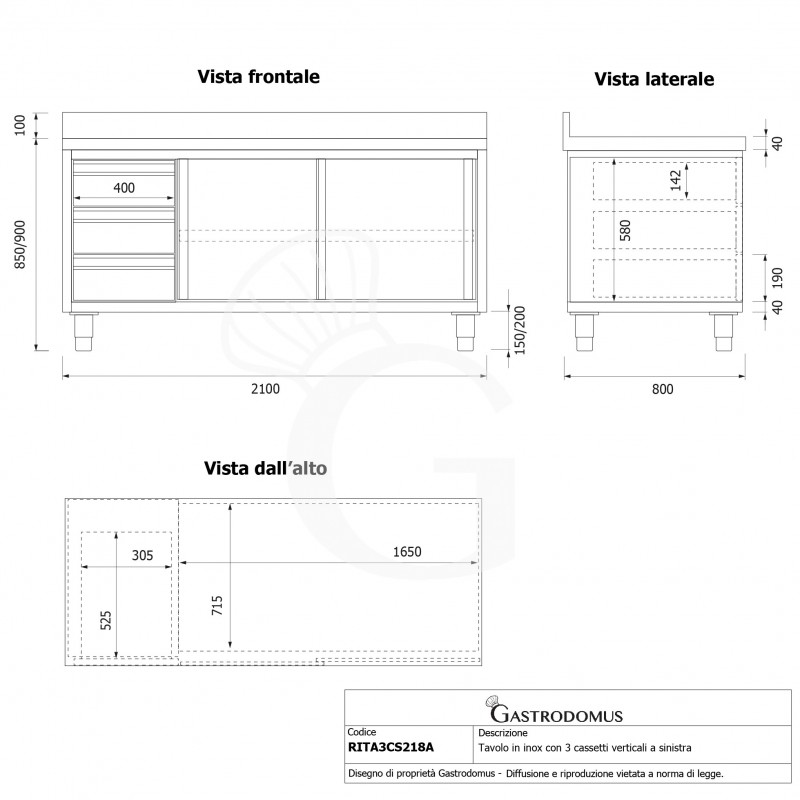 Tavolo armadiato,2 porte scorrevoli,3 cassetti a sinistra, alzatina, L2100 x P800 x H950mm