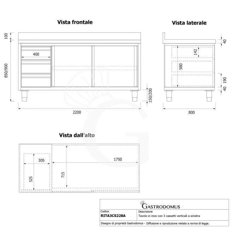 Tavolo armadiato,2 porte scorrevoli,3 cassetti a sinistra, alzatina, L2200 x P800 x H950mm