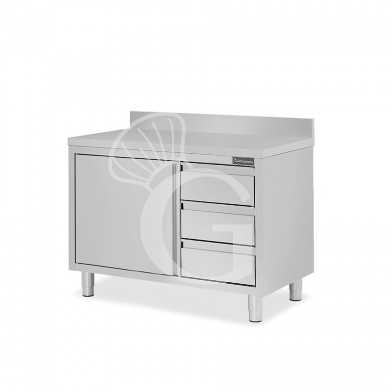 Tavolo armadiato,1 porta battente,3 cassetti a destra, alzatina, L1000 x P700 x H950mm