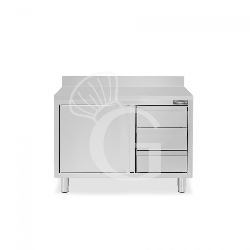 Tavolo armadiato,1 porta battente,3 cassetti a destra, alzatina, L1000 x P700 x H950mm