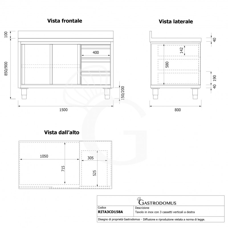 Tavolo armadiato,2 porte scorrevoli,3 cassetti a destra, alzatina, L1500 x P800 x H950mm