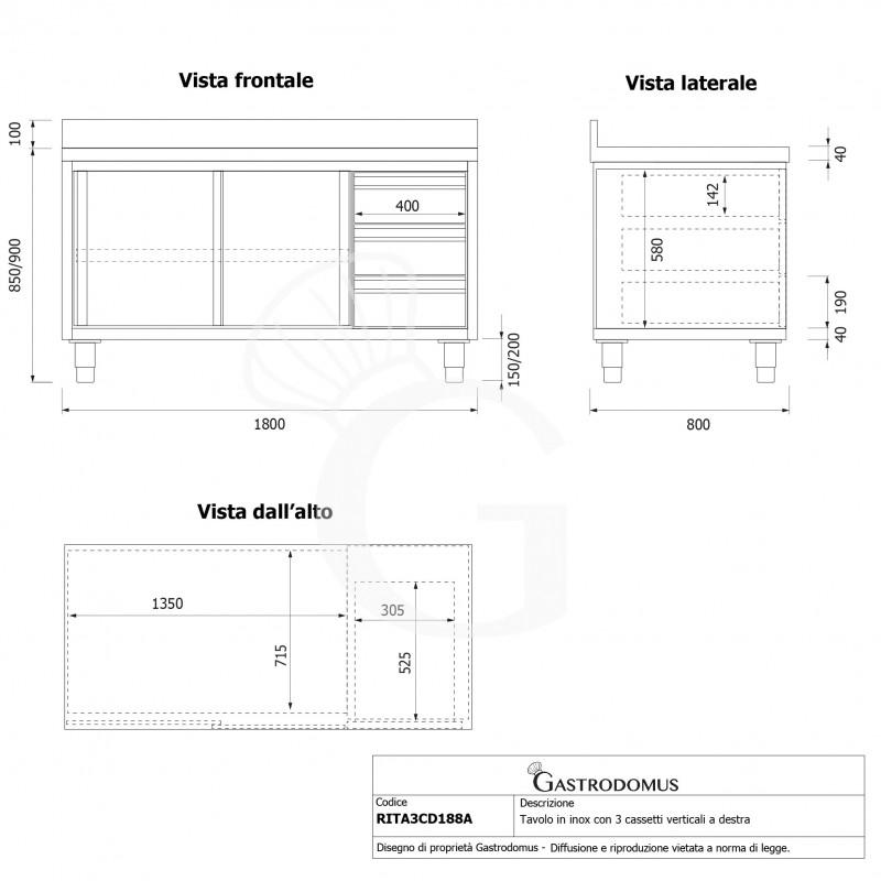Tavolo armadiato,2 porte scorrevoli,3 cassetti a destra, alzatina, L1800 x P800 x H950mm