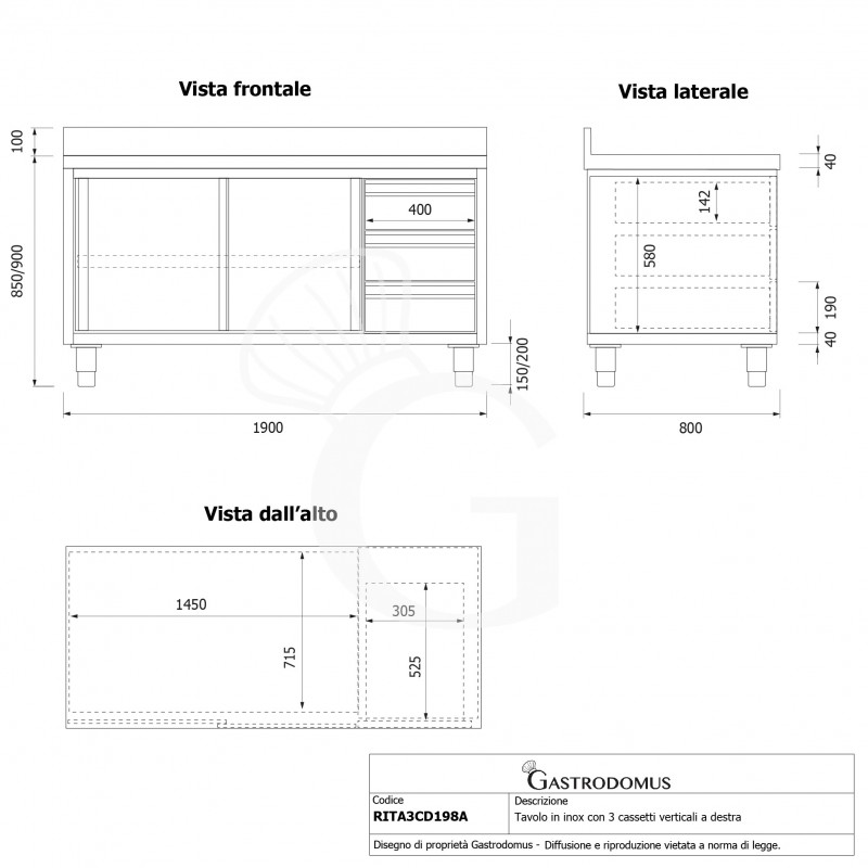 Tavolo armadiato,2 porte scorrevoli,3 cassetti a destra, alzatina, L1900 x P800 x H950mm