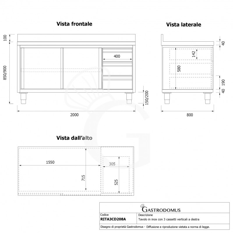 Tavolo armadiato,2 porte scorrevoli,3 cassetti a destra, alzatina, L2000 x P800 x H950mm
