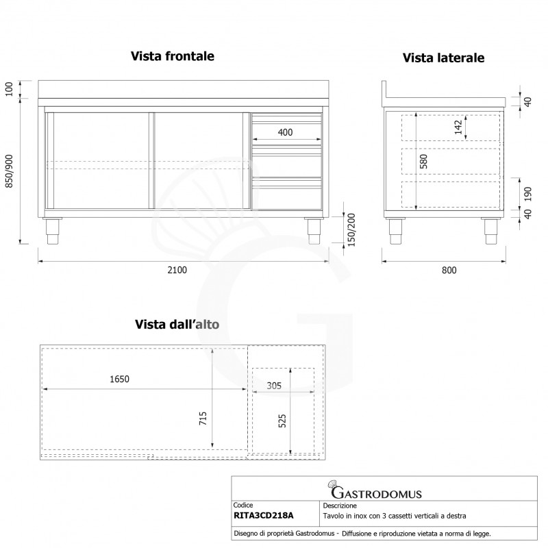Tavolo armadiato,2 porte scorrevoli,3 cassetti a destra, alzatina, L2100 x P800 x H950mm