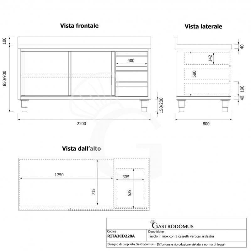Tavolo armadiato,2 porte scorrevoli,3 cassetti a destra, alzatina, L2200 x P800 x H950mm