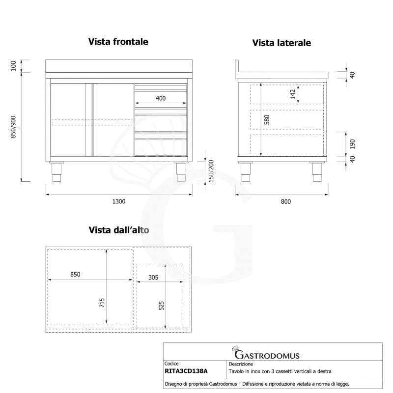 Tavolo armadiato,2 porte battenti,3 cassetti a destra, alzatina, L1300 x P800 x H950mm