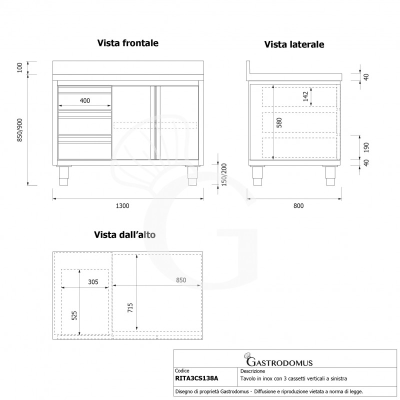 Tavolo armadiato,2 porte battenti,3 cassetti a sinistra, alzatina, L1300 x P800 x H950mm