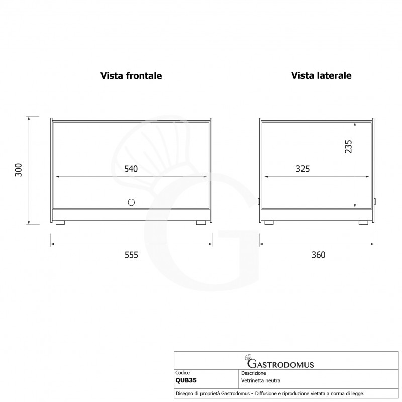 Vetrina Bar Neutra porta brioches in vetro piano in inox L 555 mm x P 360 mm x H 300 mm