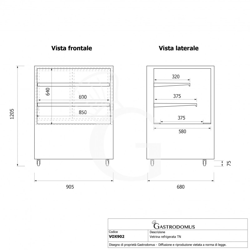 Vetrina Refrigerata Ventilata 300 LT +2°C/+8°C 4 lati vetro, L 905 mm